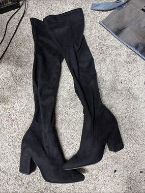 Over-the-Knee Black Suede Block Heel Boots